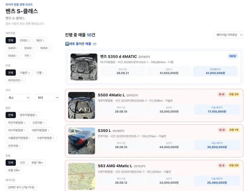 희망 차종 경매 리포트 예시 화면